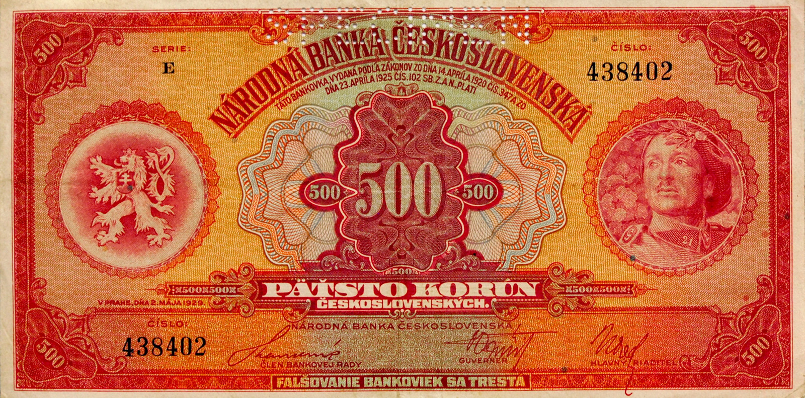 Bankovka SPECIMEN 500 KORUN ČESKOSLOVENSKO 1929