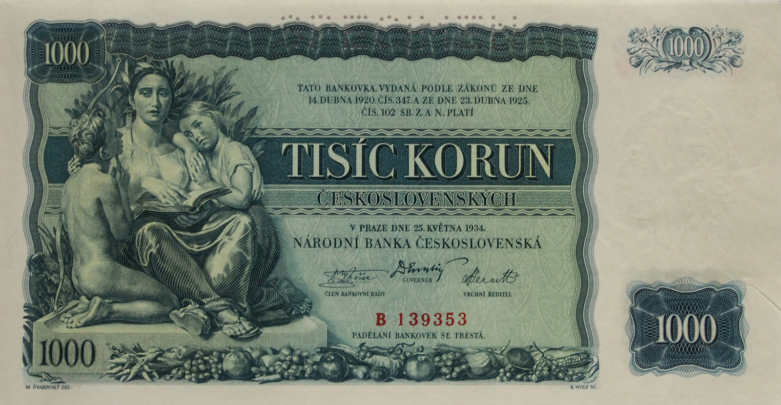 Bankovka SPECIMEN 1000 KORUN ČESKOSLOVENSKO 1934