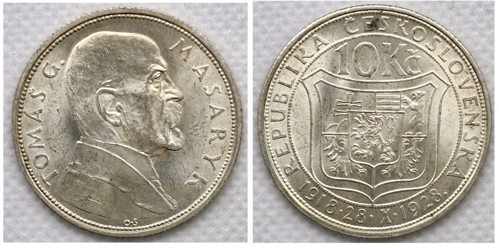 Stříbrná mince 10 Kč TOMÁŠ G. MASARYK 1928