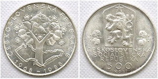 Stříbrná mince 500 Kčs ČESKOSLOVENSKÁ FEDERACE