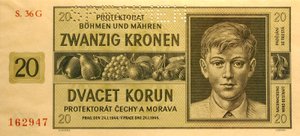 Bankovka SPECIMEN 20 KORUN KRONEN PROTEKTORÁT ČECHY A MORAVA 1944