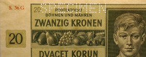 Bankovka SPECIMEN 20 KORUN KRONEN PROTEKTORÁT ČECHY A MORAVA 1944