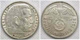 Stříbrná mince – Říšská 5 marka Paul Von Hindenburg 1938 A