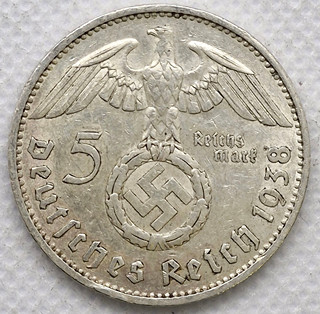 Stříbrná mince – Říšská 5 marka Paul Von Hindenburg 1938 A