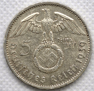 Stříbrná mince – Říšská 5 marka Paul Von Hindenburg 1939 A