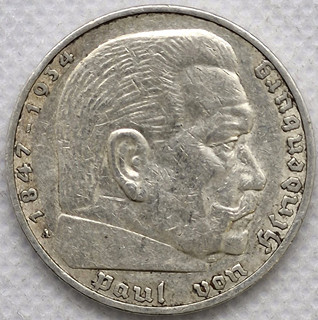 Stříbrná mince – Říšská 5 marka Paul Von Hindenburg 1936 A