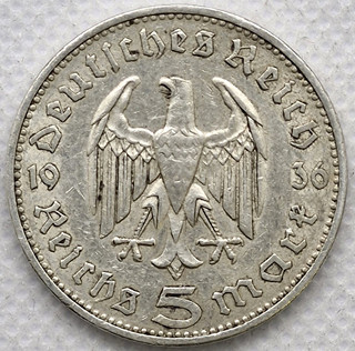 Stříbrná mince – Říšská 5 marka Paul Von Hindenburg 1936 A