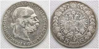 Stříbrná mince 5 koruna Franz Joseph I. 1900