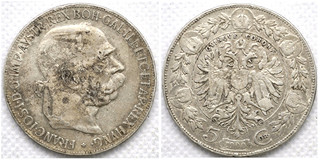 Stříbrná mince 5 koruna Franz Joseph I. 1900