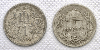 KONVOLUT 2x stříbrná mince 1 koruna 1895+1893