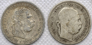 KONVOLUT 2x stříbrná mince 1 koruna 1895+1893