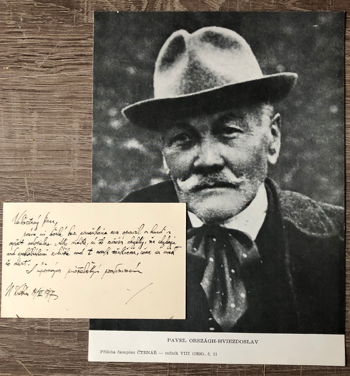 Hviezdoslav Pavel Orszságh - text na rubu navštívenky + fotografie
