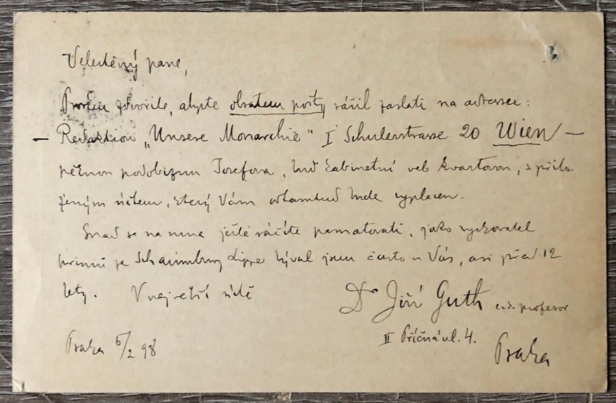 Jiří Stanislav Guth-Jarkovský - dopisnice s textem a podpisem