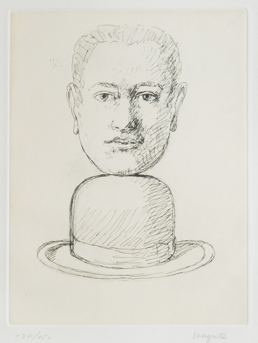 René Magritte (1898 - 1967) - Hlava s buřinkou (Bez názvu)
