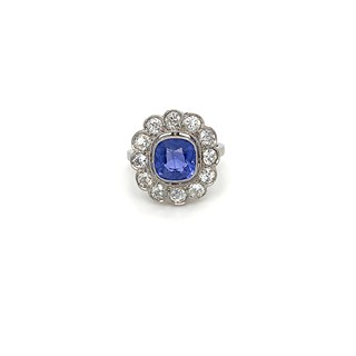 Prsten s diamanty a safírem | Art deco | platina | Československo 1930 | znalecký posudek