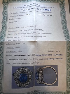 Prsten s diamanty a safírem | Art deco | platina | Československo 1930 | znalecký posudek