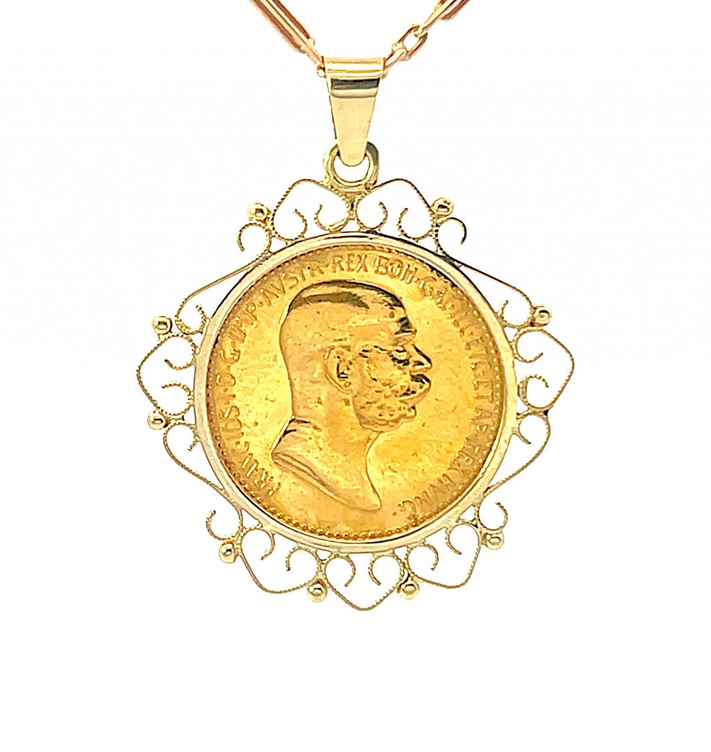 Zlatý přívěs s mincí Franz Josef I., 1909, rakouská ražba