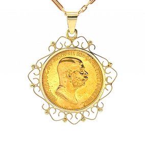 Zlatý přívěs s mincí Franz Josef I., 1909, rakouská ražba