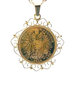 Zlatý přívěs s mincí Franz Josef I., 1909, rakouská ražba