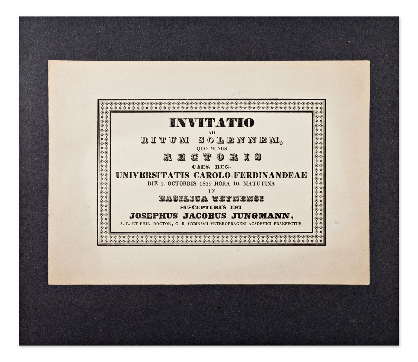 Josef Jungmann (1773-1847) - Invitation to the ceremonial inauguration as rector of Charles University
