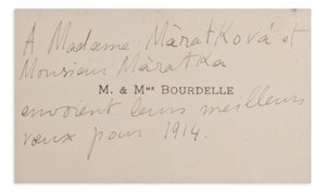 Émile-Antoine Bourdelle (1861-1929) - A small envelope and a business card with a wish addressed to Josef Mařatka and his wife