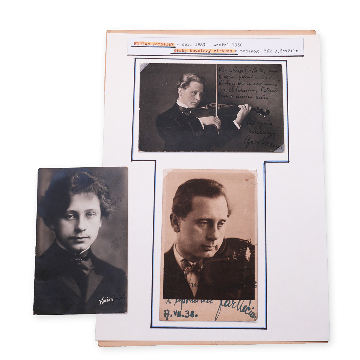 Jaroslav Kocián (1883 - 1950) - Tři podepsané fotografie a pohlednice (dvě originálně psané/podepsané fotografie + jedna tištěná)