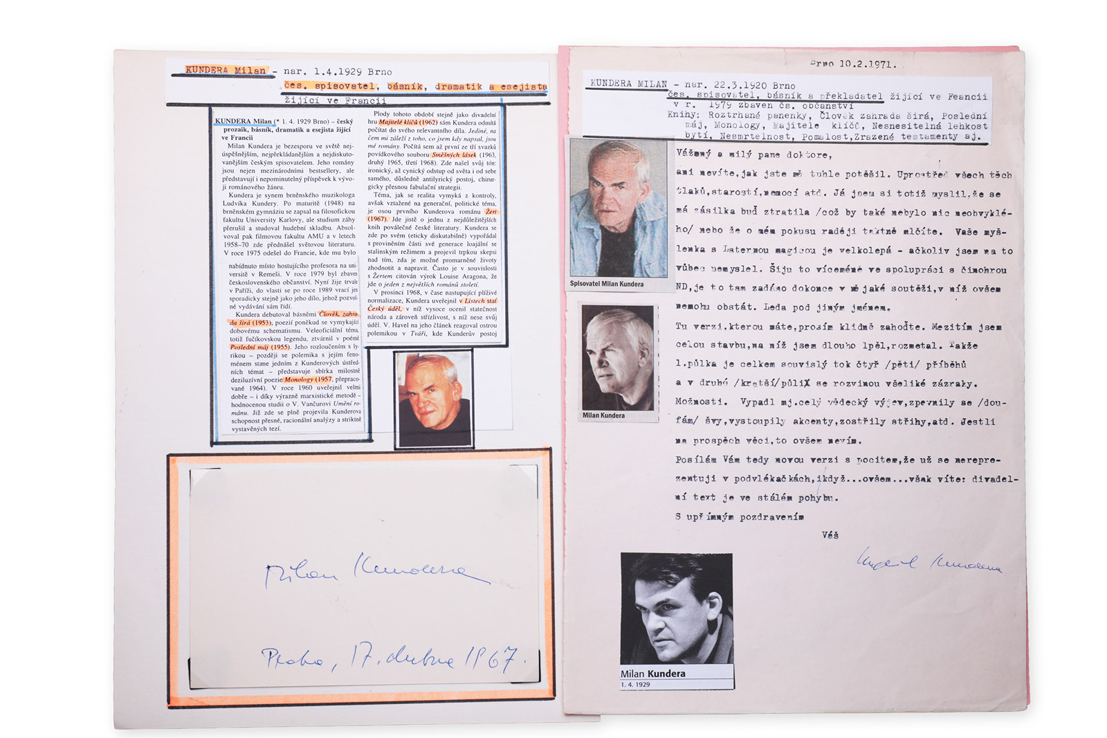 Milan Kundera (1929 - 2023) - Podpis na dopisu dopis a ústřižek s podpisem