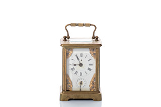 Brass travel clock with flywheel movement and alarm clock | Western Europe