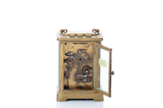 Brass travel clock with flywheel movement and alarm clock | Western Europe