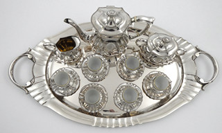 ART DECO LUXUSNÍ STŘÍBRNÁ KÁVOVÁ SOUPRAVA - FRANZ (FRANTIŠEK) BIBUS