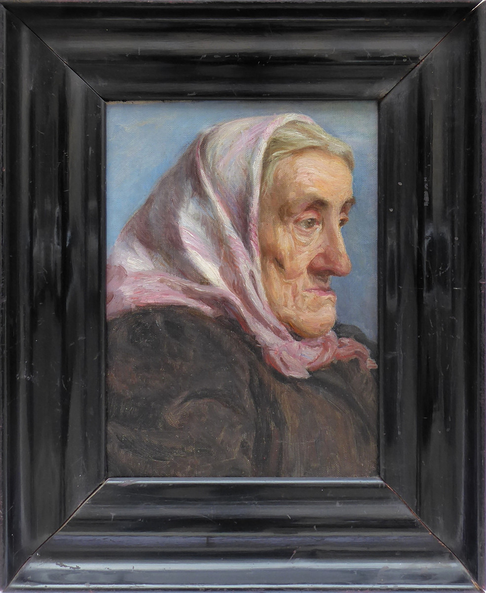 ARNOŠT HOFBAUER (1869-1944) - PORTRÉT STAŘENKY V ŠÁTKU