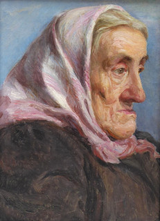 ARNOŠT HOFBAUER (1869-1944) - PORTRÉT STAŘENKY V ŠÁTKU