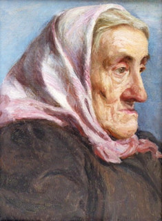 ARNOŠT HOFBAUER (1869-1944) - PORTRÉT STAŘENKY V ŠÁTKU