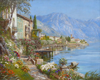 ALOIS ARNEGGER (1879-1963) - VILY V NEAPOLSKÉM ZÁLIVU NA POBŘEŽÍ AMALFI - ROZMĚRNÁ OLEJOMALBA