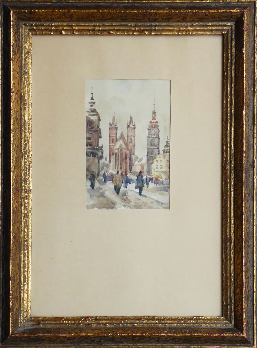 ADOLF DOLEŽAL (1898-1978) - NÁMĚSTÍ V HRADCI KRÁLOVÉ S BÍLOU VĚŽÍ A KATEDRÁLOU SVATÉHO DUCHA