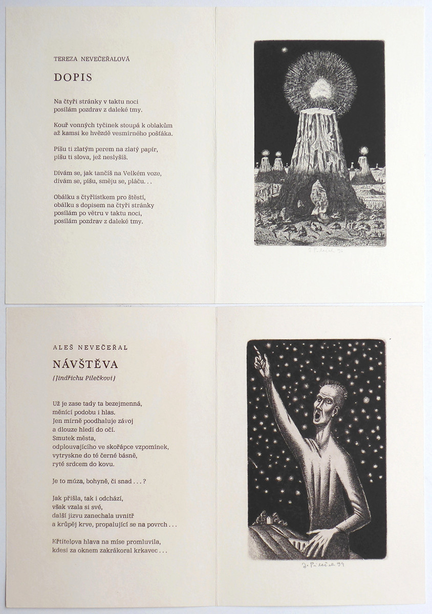 JINDŘICH PILEČEK (1944-2002) - DVĚ NOVOROČNÍ GRAFIKY S BÁSNĚMI