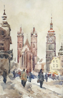 ADOLF DOLEŽAL (1898-1978) - NÁMĚSTÍ V HRADCI KRÁLOVÉ S BÍLOU VĚŽÍ A KATEDRÁLOU SVATÉHO DUCHA