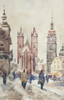 ADOLF DOLEŽAL (1898-1978) - NÁMĚSTÍ V HRADCI KRÁLOVÉ S BÍLOU VĚŽÍ A KATEDRÁLOU SVATÉHO DUCHA