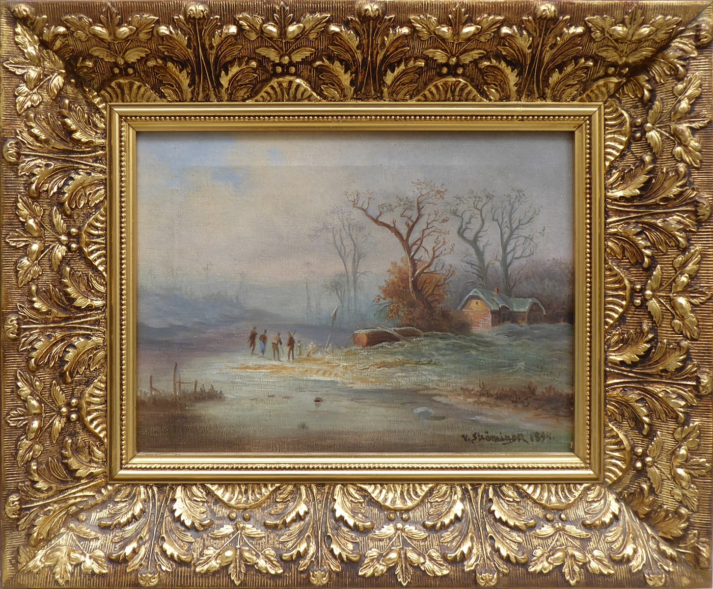 VILÉM STROMINGER (1845-1901) - ZIMNÍ KRAJINA S POSTAVIČKAMI NA LEDĚ