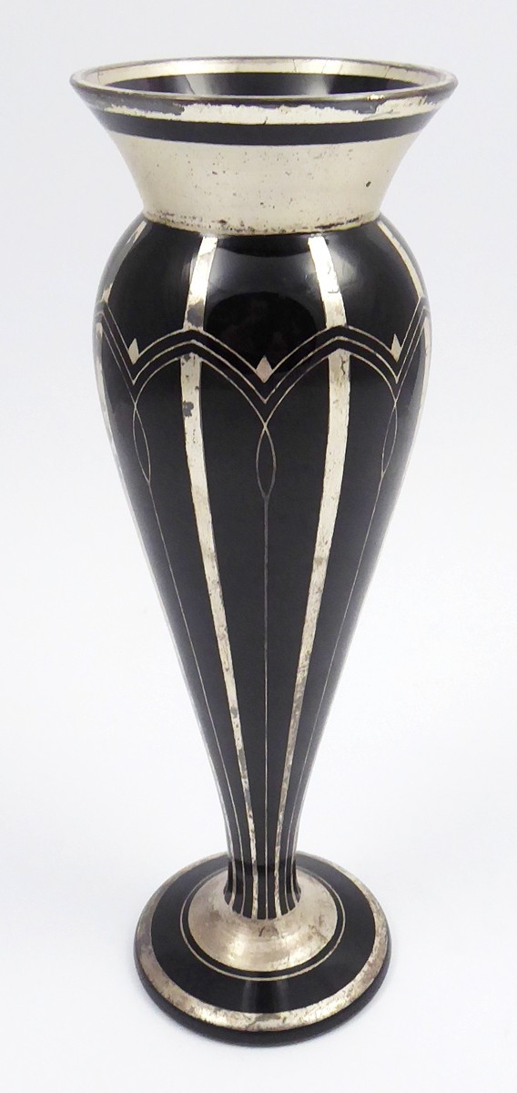 ART DECO VÁZA SE STŘÍBREM - WILHELM KRALIK, SKLÁRNA LENORA