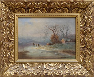 VILÉM STROMINGER (1845-1901) - ZIMNÍ KRAJINA S POSTAVIČKAMI NA LEDĚ