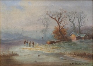 VILÉM STROMINGER (1845-1901) - ZIMNÍ KRAJINA S POSTAVIČKAMI NA LEDĚ