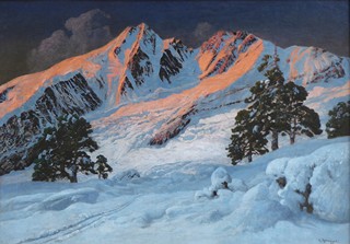 ALOIS ARNEGGER (1879-1963) - ZÁPAD SLUNCE V DOLOMITECH - ROZMĚRNÁ OLEJOMALBA