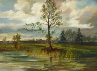 VIKTOR ROLÍN (1887-1942) - OSAMĚLÝ STROM U VODY - ROZMĚRNÝ OLEJ NA DŘEVĚNÉ DESCE
