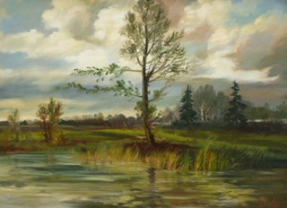 VIKTOR ROLÍN (1887-1942) - OSAMĚLÝ STROM U VODY - ROZMĚRNÝ OLEJ NA DŘEVĚNÉ DESCE