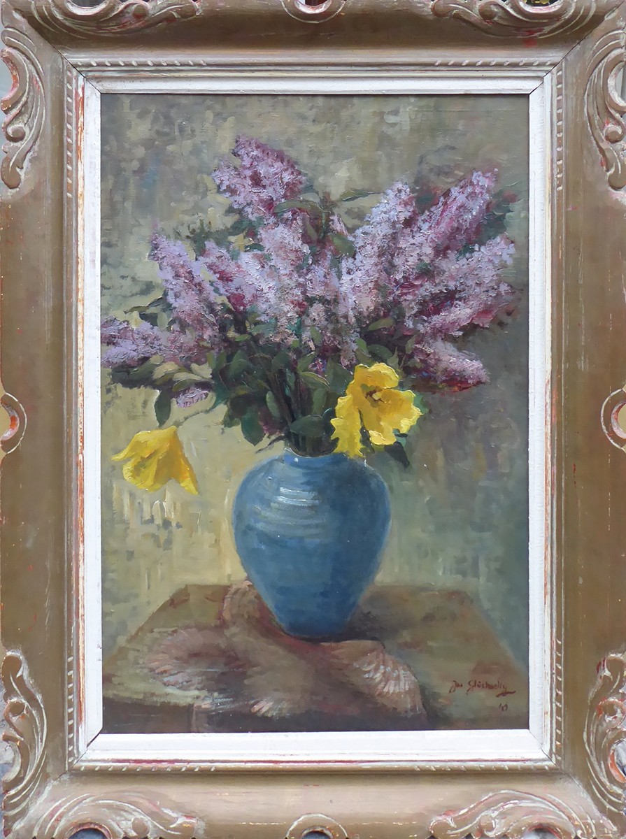 JOSEF GLÜCKSELIG (1908-1986) - ZÁTIŠÍ S ŠEŘÍKY A STŘAPATÝMI ŽLUTÝMI KVĚTY - VELKÝ ROZMĚR