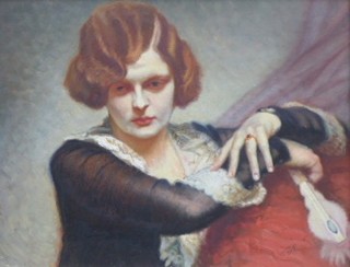 A. STAMM - PORTRÉT MLADÉ ŽENY S VĚJÍŘEM