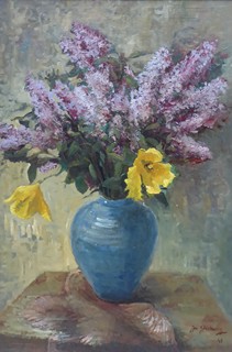 JOSEF GLÜCKSELIG (1908-1986) - ZÁTIŠÍ S ŠEŘÍKY A STŘAPATÝMI ŽLUTÝMI KVĚTY - VELKÝ ROZMĚR
