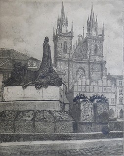 VIKTOR VÁVRA (1869-1929) - SOUSOŠÍ MISTRA JANA HUSA S KOSTELEM PANNY MARIE PŘED TÝNEM