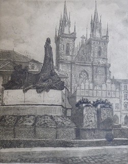 VIKTOR VÁVRA (1869-1929) - SOUSOŠÍ MISTRA JANA HUSA S KOSTELEM PANNY MARIE PŘED TÝNEM